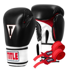 Рукавички боксерські шкіряні з бинтами TITLE Classic Leather 2.0 розмір 18 унцій, чорно-білі