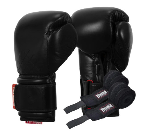 Рукавички боксерські шкіряні з бинтами TITLE Boxing Ko-Vert розмір 14 унцій, чорні