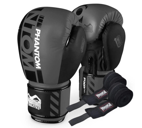 Рукавички боксерські з бинтами Phantom APEX розмір 12 унцій, сірі