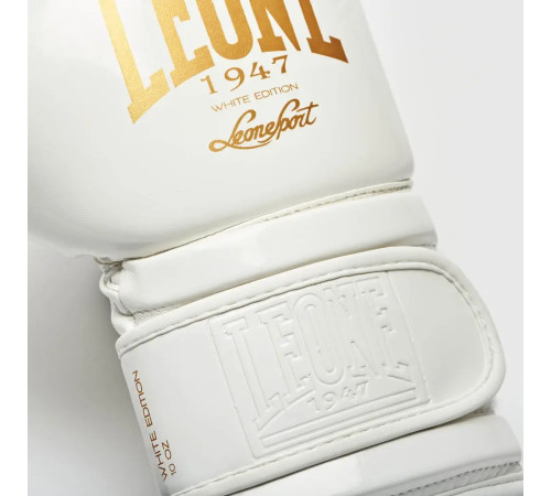 Рукавички боксерські з капою Leone GN059W розмір 16 унцій, біло-золотисті