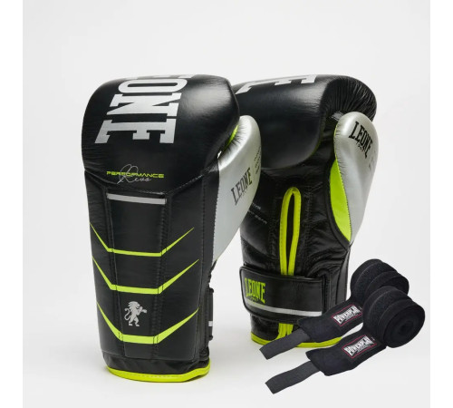 Рукавички боксерські з бинтами Leone GN110F REVO FLUO розмір 14 унцій, чорні