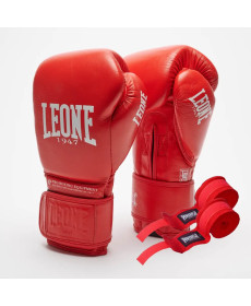 Рукавички боксерські шкіряні з бинтами Leone GN111 THE GREATEST розмір 10 унцій, червоні