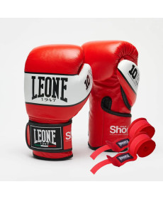 Рукавички боксерські шкіряні з бинтами Leone GN047 SHOCK розмір 12 унцій, червоні