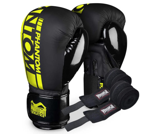 Рукавички боксерські з бинтами Phantom APEX Elastic Neon 14 унцій, чорно-жовті