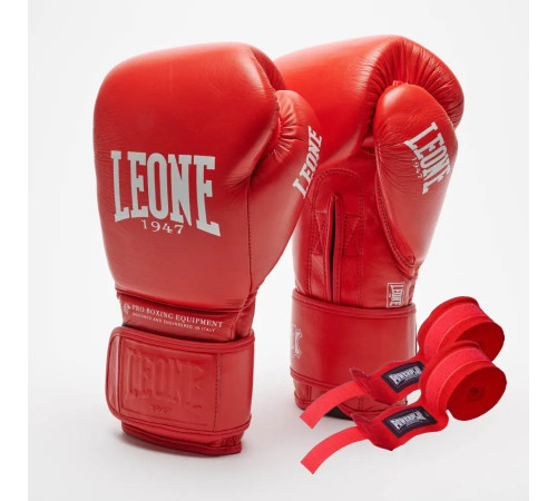 Рукавички боксерські шкіряні з бинтами Leone GN111 THE GREATEST розмір 16 унцій, червоні