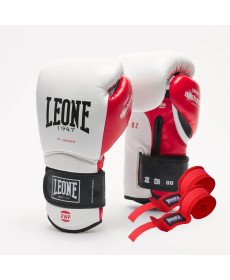 Рукавички боксерські з бинтами Leone GN113 IL TECNICO N3 розмір 10 унцій, біло-червоні