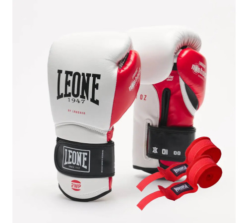 Рукавички боксерські з бинтами Leone GN113 IL TECNICO N3 розмір 12 унцій, біло-червоні