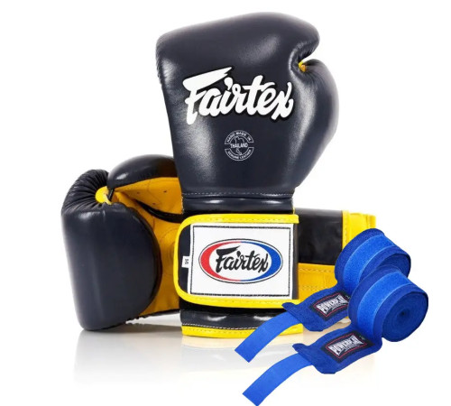 Рукавички боксерські з бинтами Fairtex Mexican BGV9 12 унцій, синьо-жовті