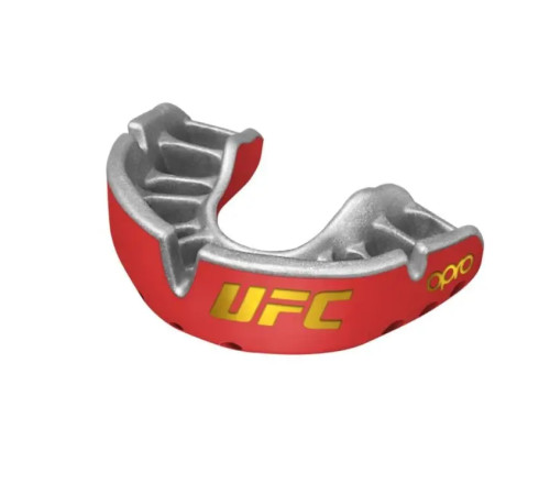 Капа боксерська доросла OPRO Gold UFC від 11 років червоно-срібляста