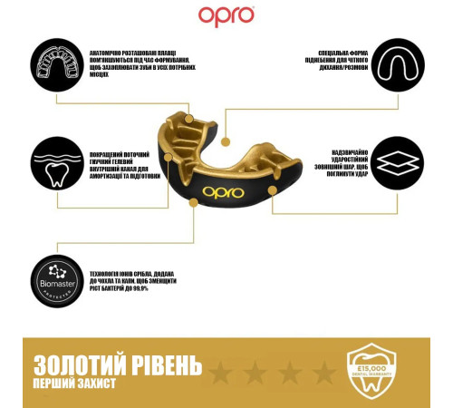 Капа боксерська доросла OPRO Gold Grillz від 11 років чорно-золотиста
