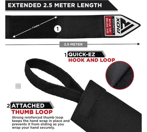 Бинти RDX HAND WRAPS 2,5 м,, чорно-білі