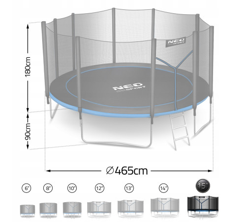 Батут Neo-Sport NS-15Z221 з зовнішньою сіткою 15 футів 465 см, чорно-синій