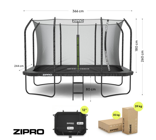 Батут Zipro Jump Pro Quadro з внутрішньою сіткою 8 х 12 футів 366 x 244 см чорний