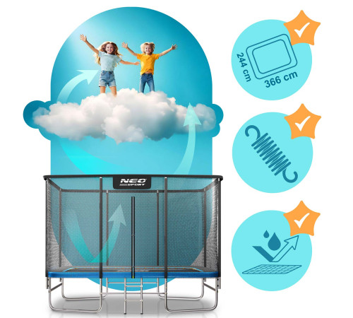 Батут Neo-Sport з зовнішньою сіткою 12 x 8 футів 244 х 366 см, чорно-синій