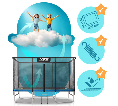 Батут Neo-Sport з зовнішньою сіткою 14 x 10 футів 427 x 305 см, чорно-синій
