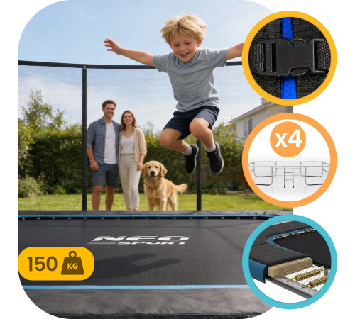 Прямокутний батут Neo-Sport з зовнішньою сіткою 10 x 7 футів 305 x 213 см, чорно-синій