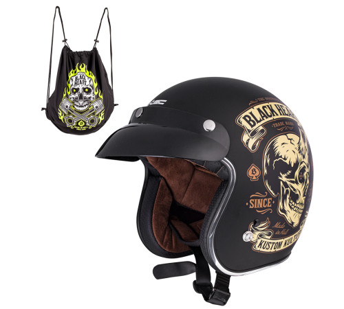 Мотоциклетний шолом W-TEC Kustom Black Heart - розмір XS(53-54)/матовий чорний/skull horn Мотоциклетний шолом W-TEC Kustom Black Heart - розмір XS(53-54)/матовий чорний/skull horn