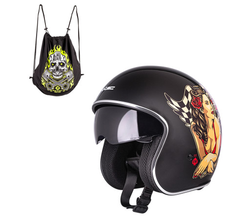 Мотоциклетний шолом з козирком W-TEC V537 Black Heart chopper - розмір L(59-60)/чорний блиск-hot rod angel Мотоциклетний шолом з козирком W-TEC V537 Black Heart chopper - розмір L(59-60)/чорний блиск-hot rod angel