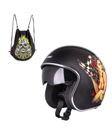  Мотоциклетний шолом з козирком W-TEC V537 Black Heart chopper - розмір S(55-56)/чорний блиск-hot rod angel