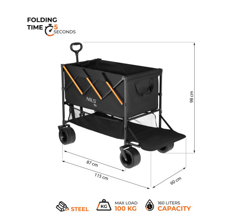 Візок розкладний NILS CAMP NC2607 XXL 160 л, чорно-оранжевий