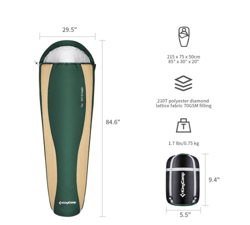 Спальний мішок KingCamp Breeze 215 см - зелений Спальний мішок KingCamp Breeze 215 см - зелений