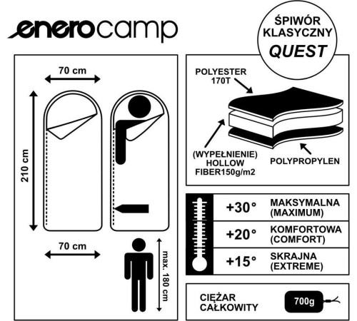 Туристичний спальник квест 210x70см зелений Enero camp