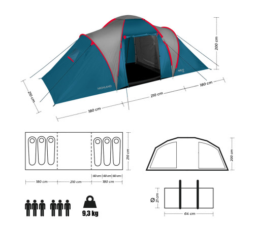 Намет шестимісний NILS CAMP NC6031 Highland, 570 х 210 х 200 см, синьо-сірий