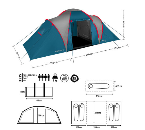 Намет чотиримісний NILS CAMP NC6431 Highland IV, 450 х 210 х 190 см, синьо-сірий