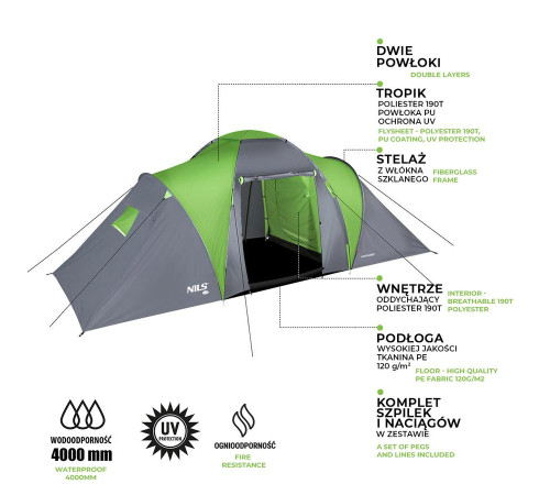Кемпінговий намет NILS CAMP NC6031 HIGHLAND сіро-зелений Кемпінговий намет NILS CAMP NC6031 HIGHLAND сіро-зелений