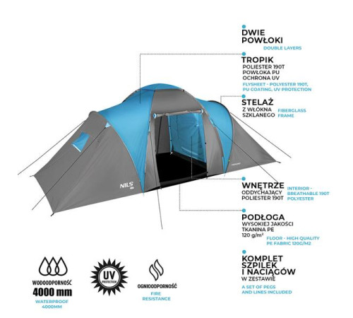 Кемпінговий намет NILS CAMP NC6031 HIGLAND сіро-блакитний