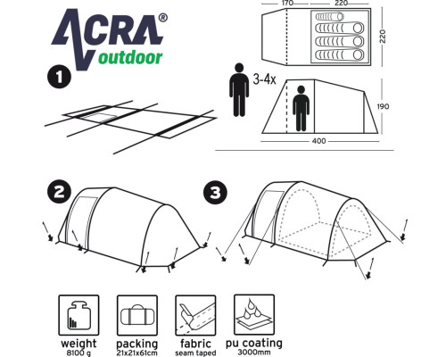 Водонепроникний сімейний туристичний намет ACRA на 4 місця