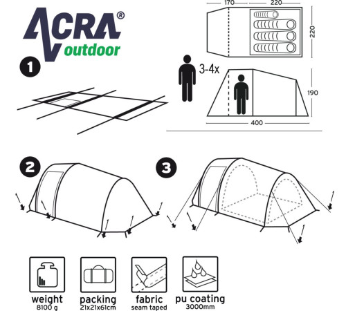 Водонепроникний сімейний туристичний намет ACRA на 4 місця