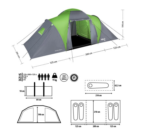 Намет кемпінговий NILS CAMP NC6431 HIGHLAND IV сіро-зелений