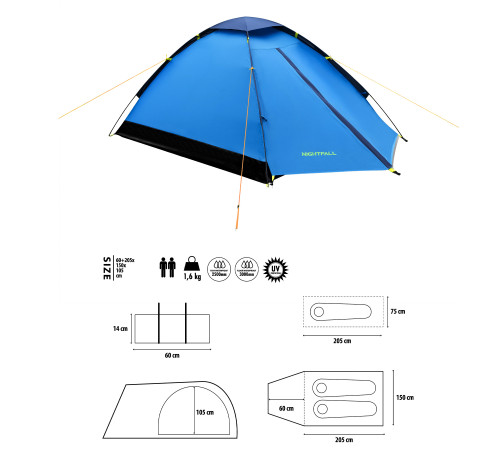 Намет кемпінговий двомісний NILS CAMP NC6033 NIGHTFALL, сіро-блакитний
