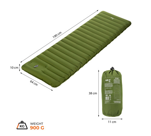 Матрац туристичний з вбудованим насосом NILS CAMP NC4402 190 х 63 х 10 см, зелений