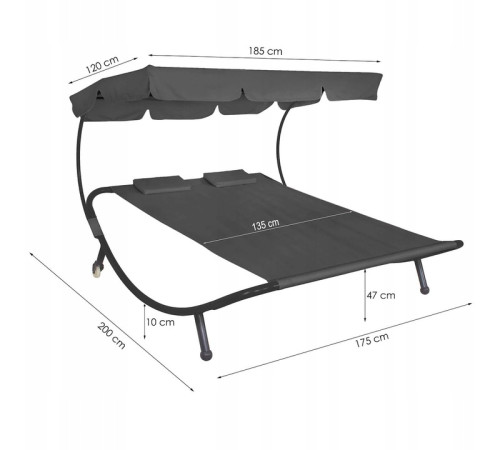Лежак садовий з регульованим навісом, двомісний, сірий GF2002