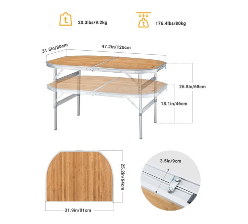 Розкладний кемпінговий стіл KING CAMP Bambus 120 x 80 см