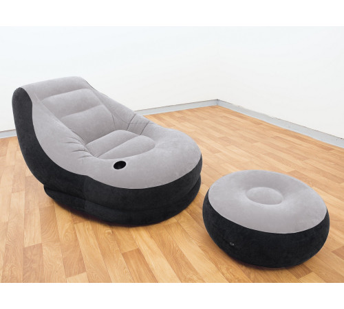 Крісло надувне Intex 68564 з пуфом 130 х 99 х 76 см, чорно-сіре