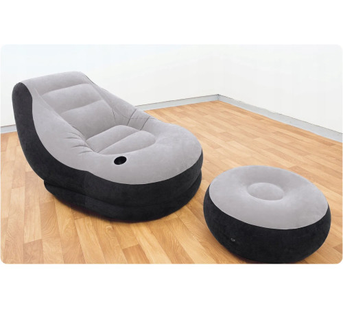 Крісло надувне Intex 68564 з пуфом 130 х 99 х 76 см, чорно-сіре