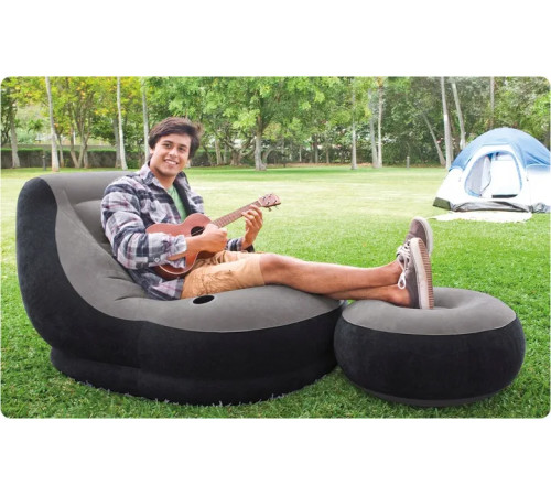 Крісло надувне Intex 68564 з пуфом 130 х 99 х 76 см, чорно-сіре