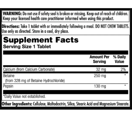 Betaine HCl Plus 250mg - 250 tabs Betaine HCl Plus 250mg - 250 tabs