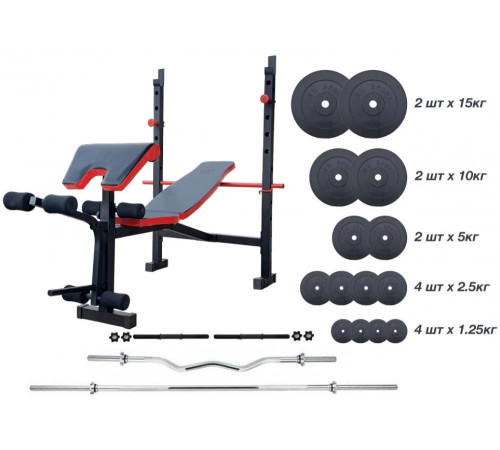 Лава регульована для жиму RN-Sport ReadMeBlack + штанга металева 83 кг, гриф W, гантелі