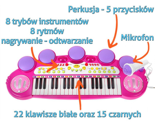 Рожевий музичний набір Синтезатор + Малі барабани + Мікрофон для дітей 3+ світла + звуки 3 октави