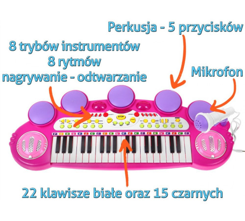 Рожевий музичний набір Синтезатор + Малі барабани + Мікрофон для дітей 3+ світла + звуки 3 октави