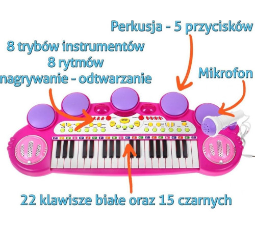 Рожевий музичний набір Синтезатор + Малі барабани + Мікрофон для дітей 3+ світла + звуки 3 октави