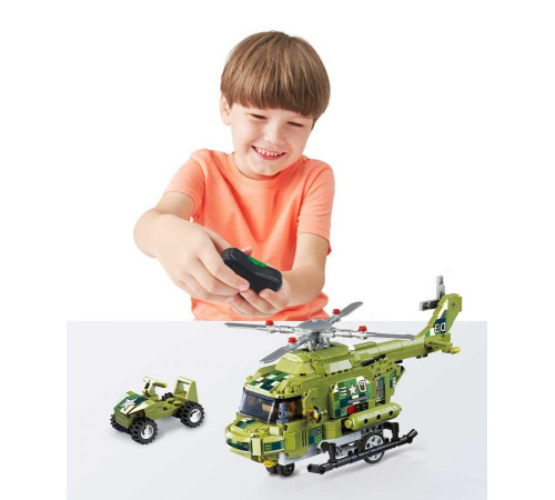 Дитячий конструктор Alpha Військовий гелікоптер та машинка на дистанційному керуванні 676 ел, зелено-чорний