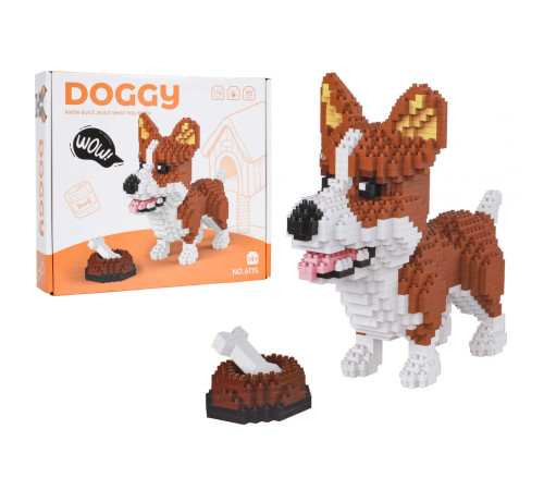 Дитячий конструктор Ramiz 6115 Welsh Corgi з мисочкою на кісткою 1200 ел, коричнево-білий
