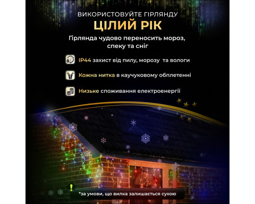 Гірлянда вулична Бахрома 100 LED, світлодіодна, 3 метри, білий кабель, 18 ниток