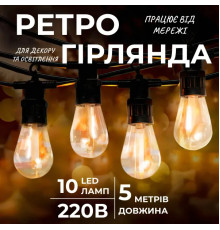 Ретро-гірлянда вулична 10 LED, 5 м, від мережі, теплий білий