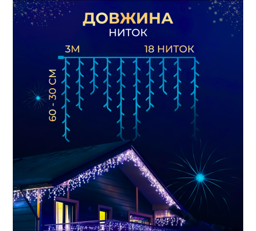 Гірлянда вулична Бахрома 100 LED світлодіодна, 3 м , білий кабель, 18 ниток, синій